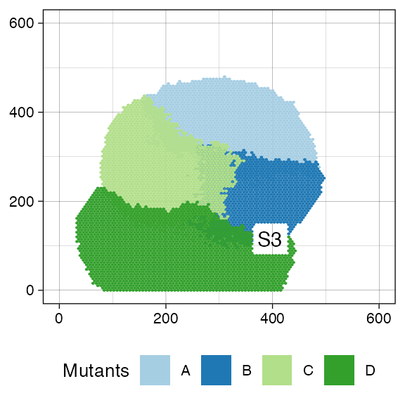 After collecting the samples S1 and S2, a more aggressive mutant D arises from B and a further sample S3, containing both D and C cells, is collected.
