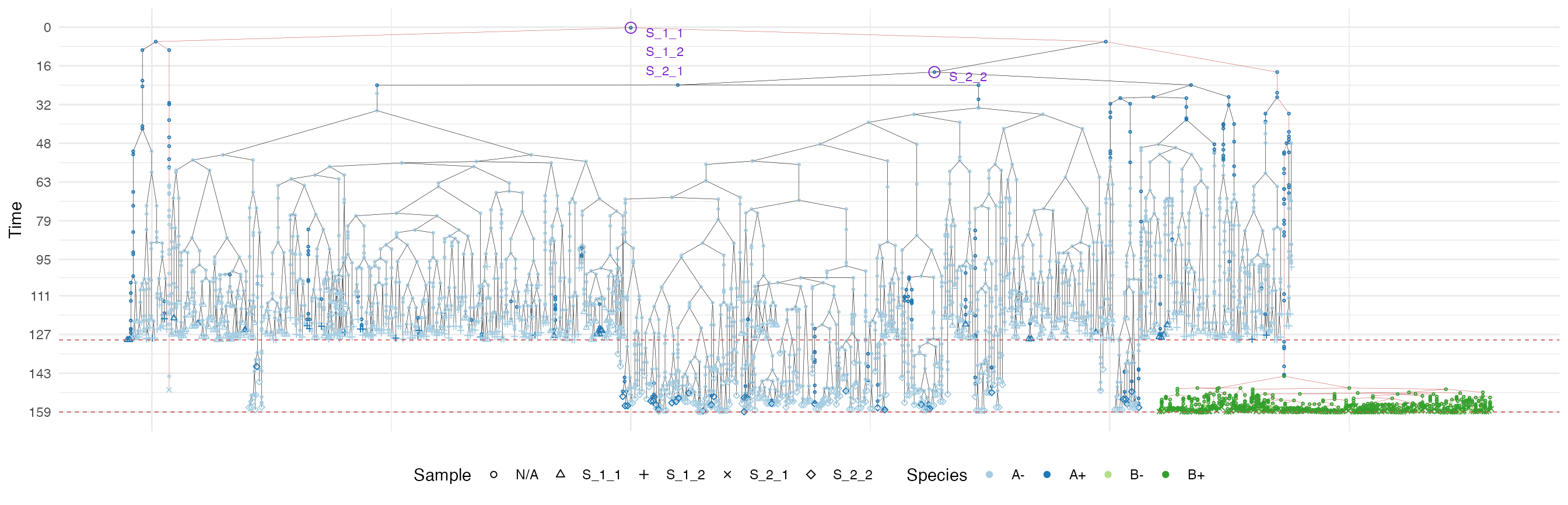 The samples forest of a tumour grown according the uniform growth model. The sub-forest of sample S_2_1 is highlighted.