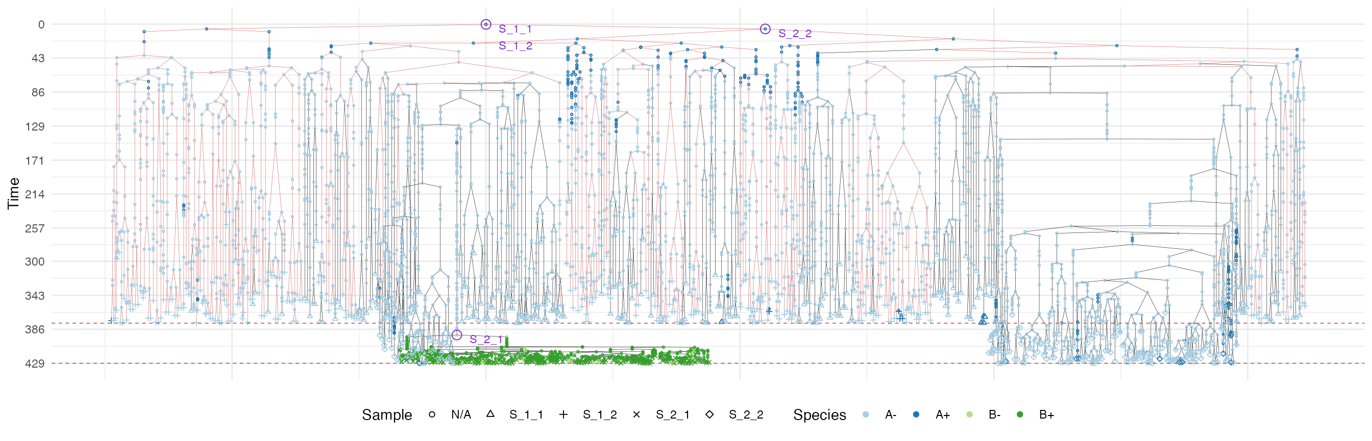 The sample forest of the tumour grown according the border-driven growth model. The sub-forest of sample S_1_2 is highlighted.