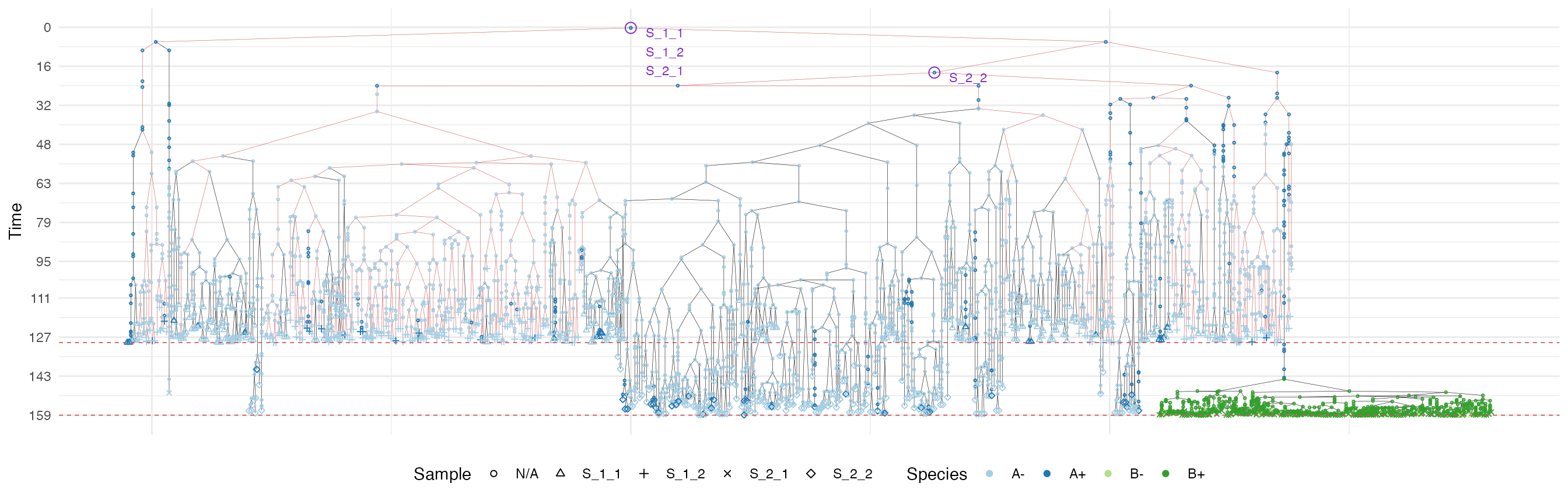 The sample forest of a tumour grown according the uniform growth model. The sub-forest of sample S_1_2 is highlighted.