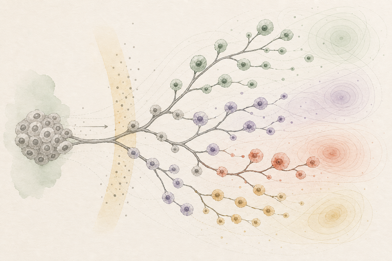 Conceptual illustration of tumour clones evolving under treatment