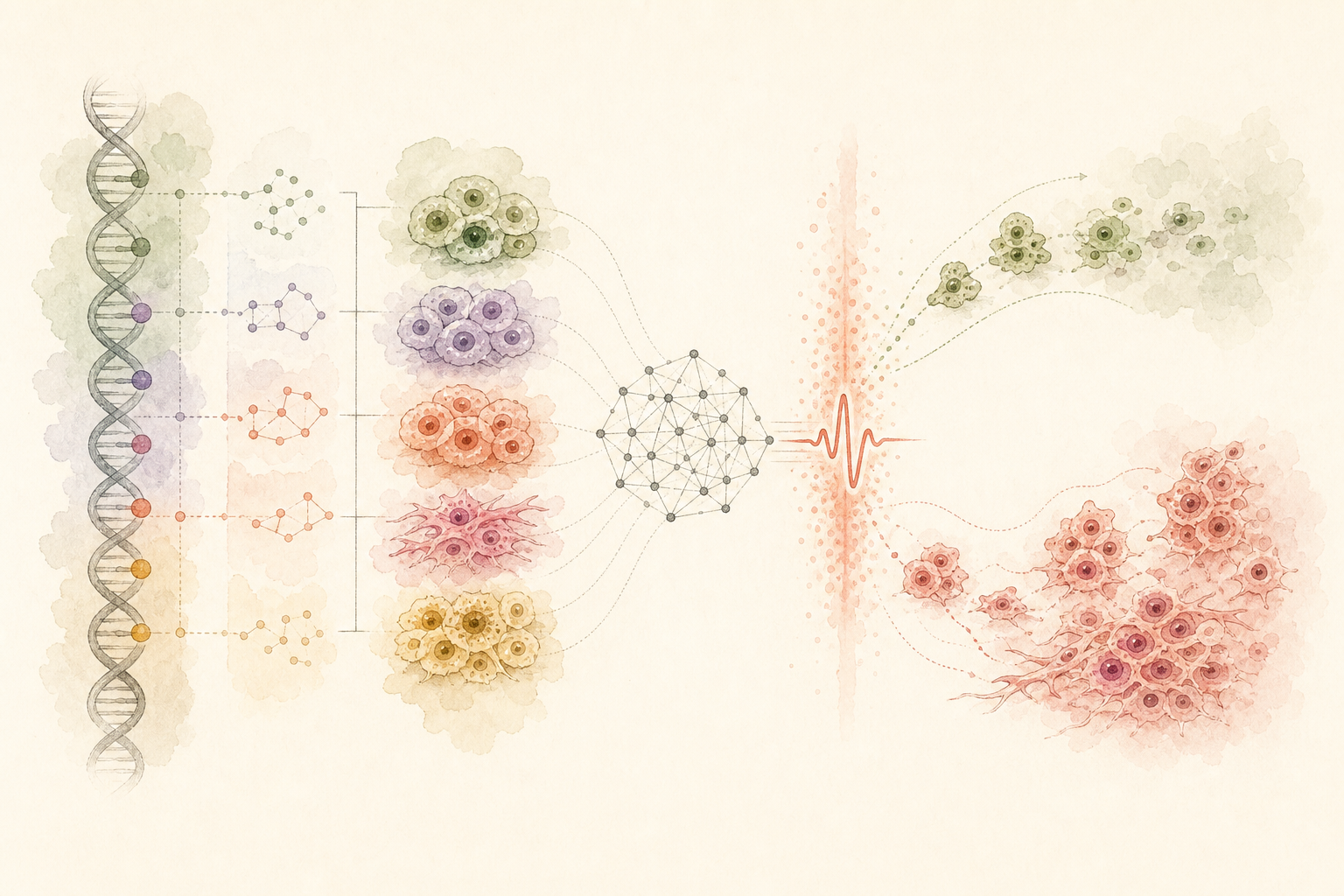 Conceptual illustration connecting tumour genotype, phenotype and treatment response