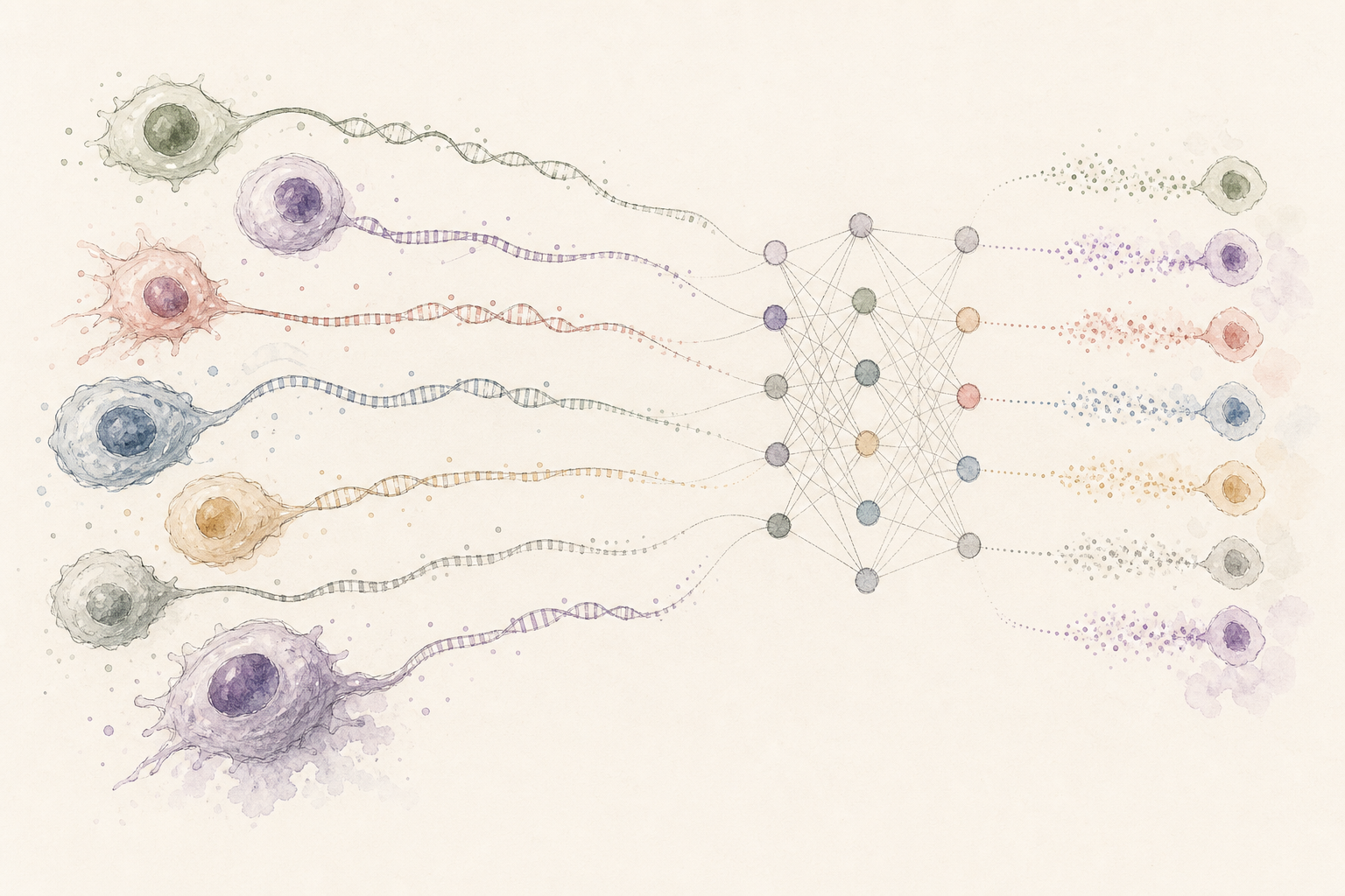 Conceptual illustration of single cells, long sequencing reads and machine learning