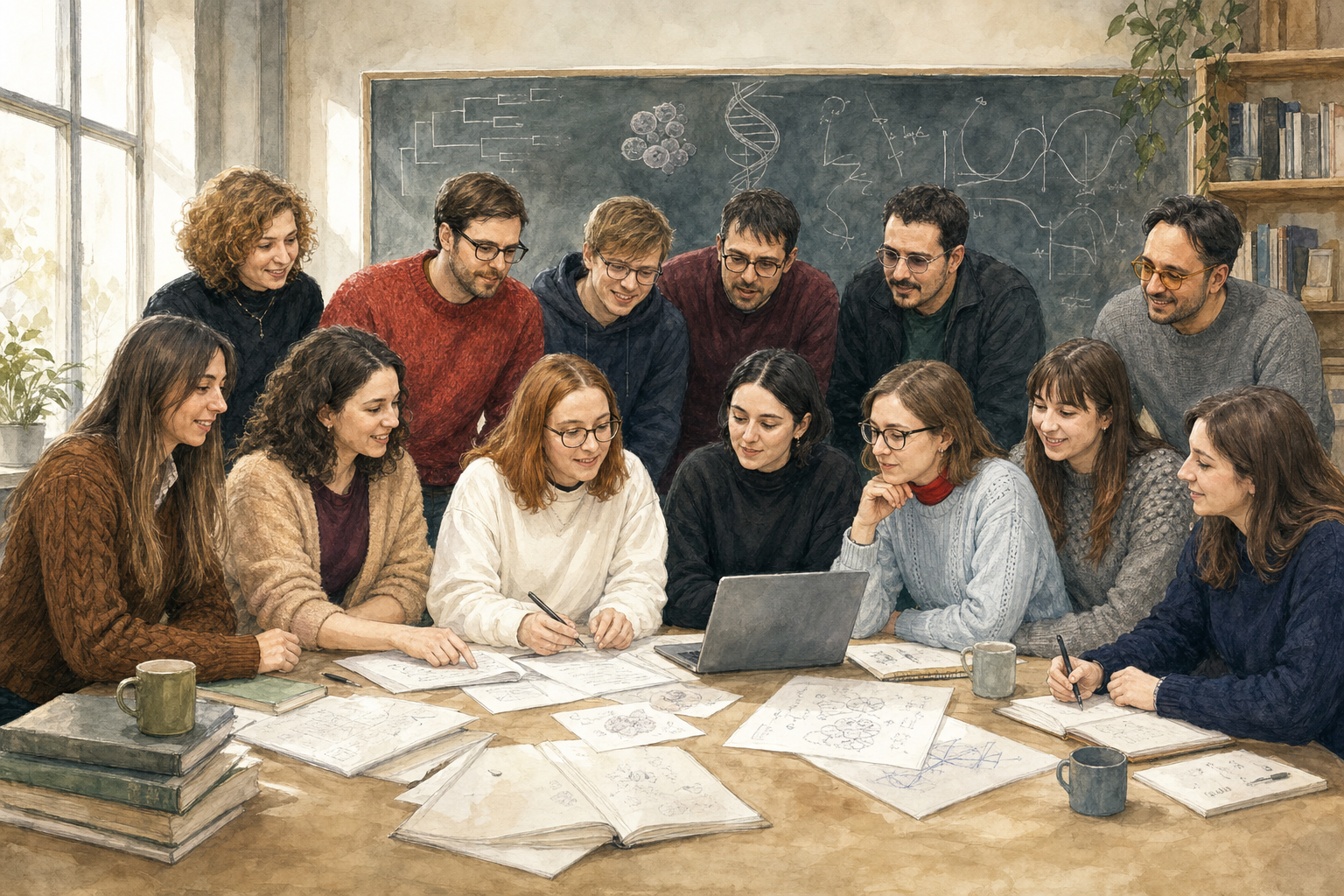 Members of the Caravagna Lab collaborating around computational models and biological data.