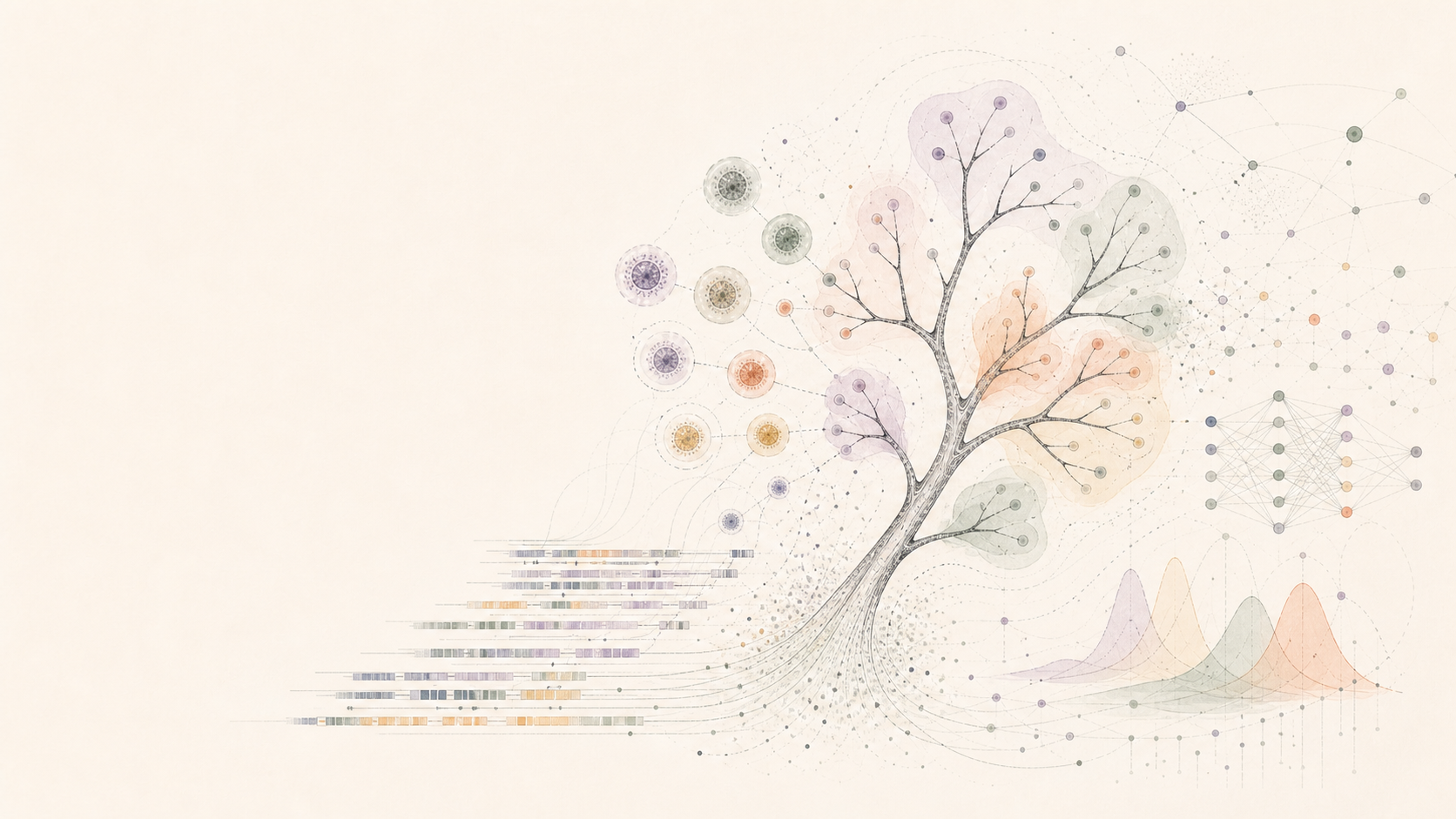 Illustrated tumour evolution tree connecting cells, sequencing data and models
